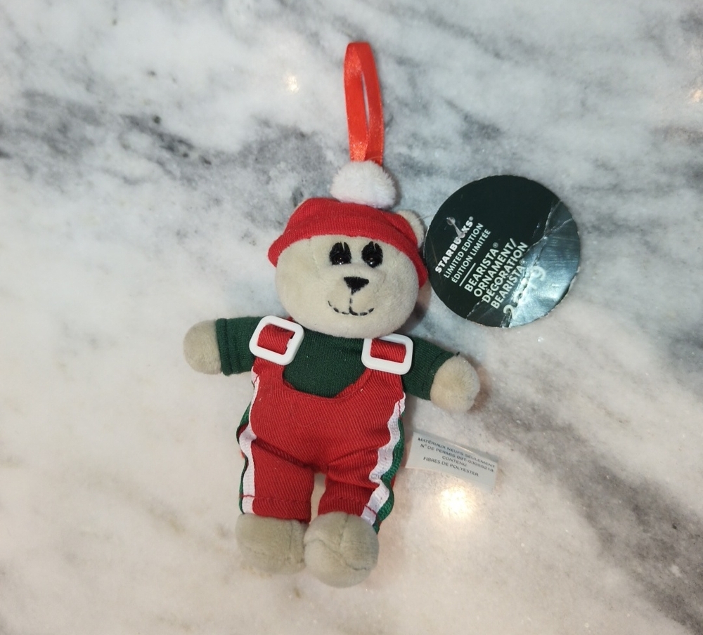 Starbucks 2019 Holiday Bear Plush Ornament/Bag Charm - Red, Green, Cream.